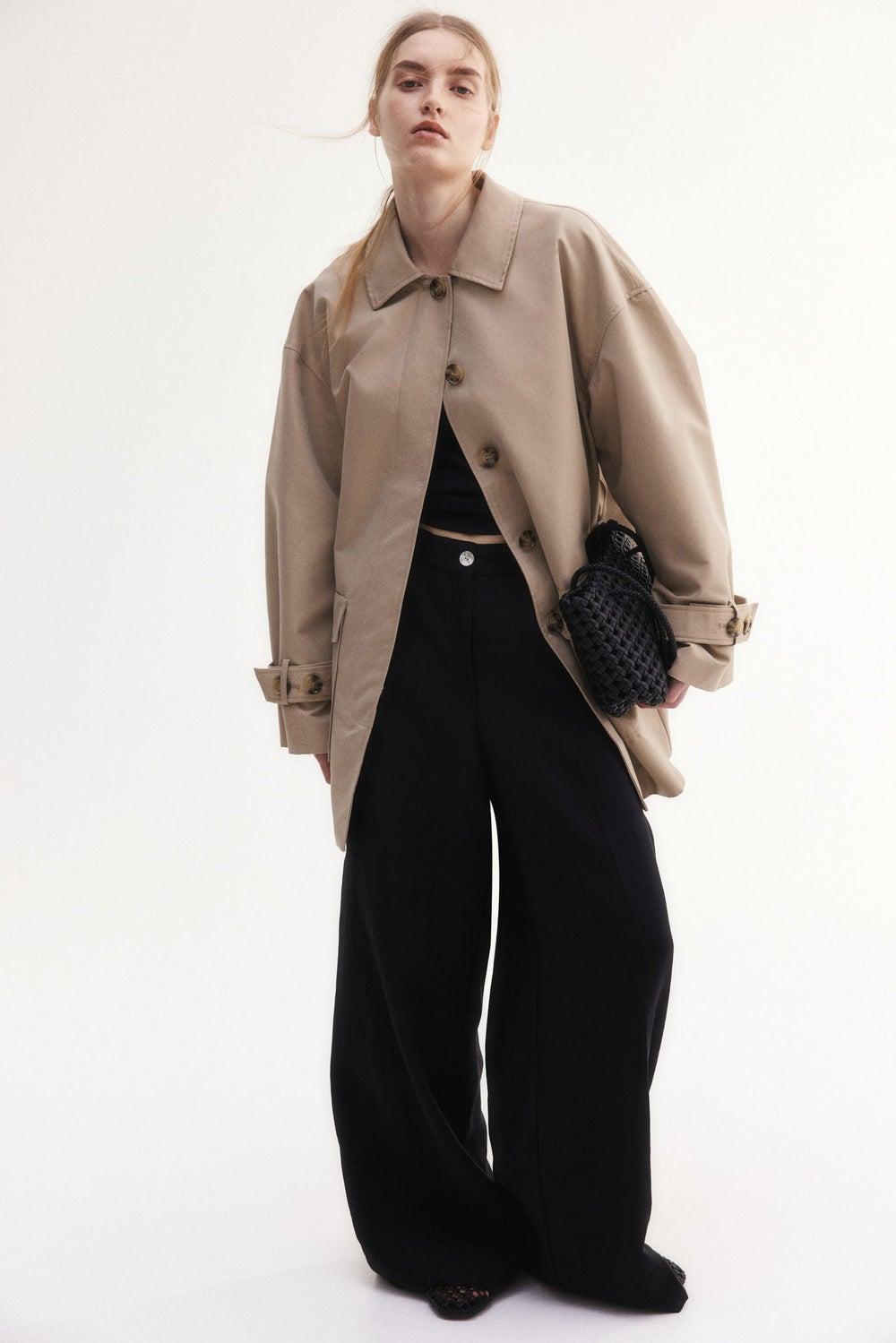 High-Waist Wide Tailored Trousers in Black Twill - Image 1