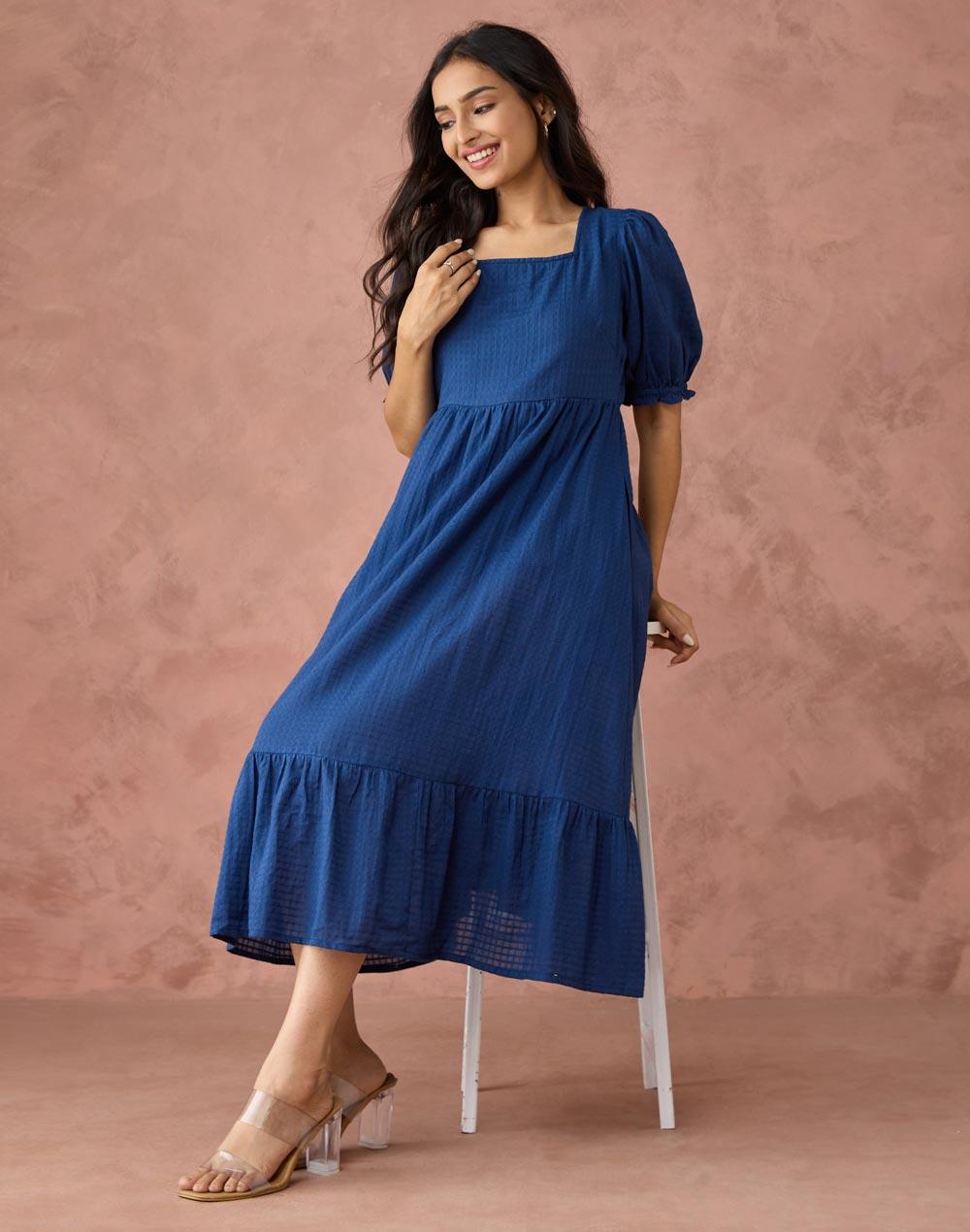 Navy Blue Square Neck Tiered Midi Dress - Image 1