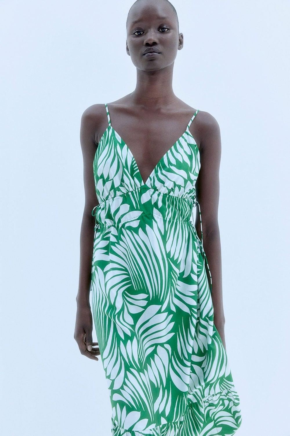 Green Print Drawstring Maxi Slip Dress - Image 1