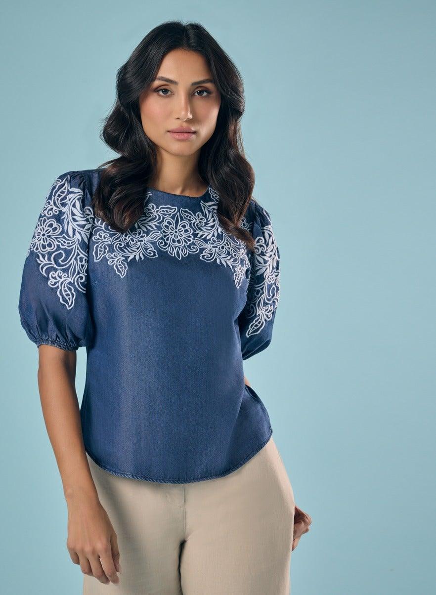 Dark Blue Floral Embroidery Cutwork Puff Sleeve Top - Image 1