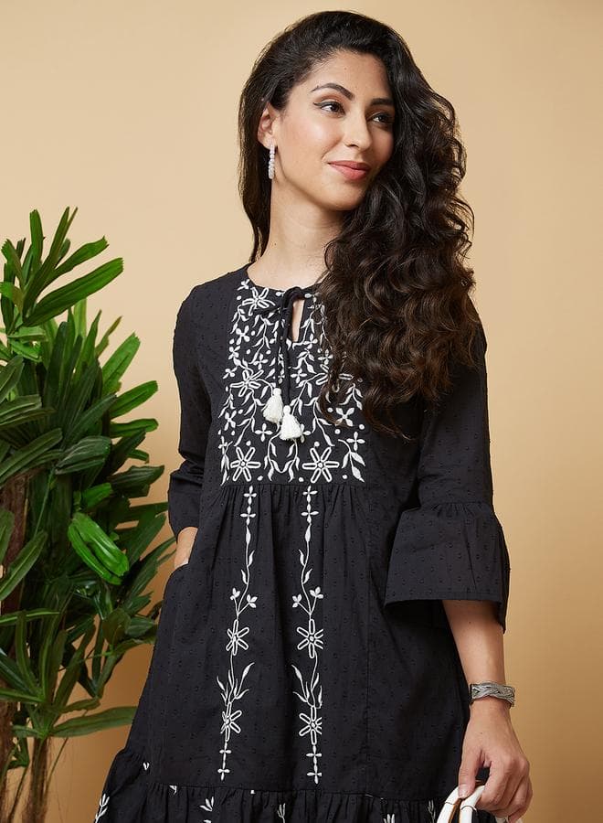 Globus Black Embroidered Tie-Up Neck A-Line Dress - Image 1