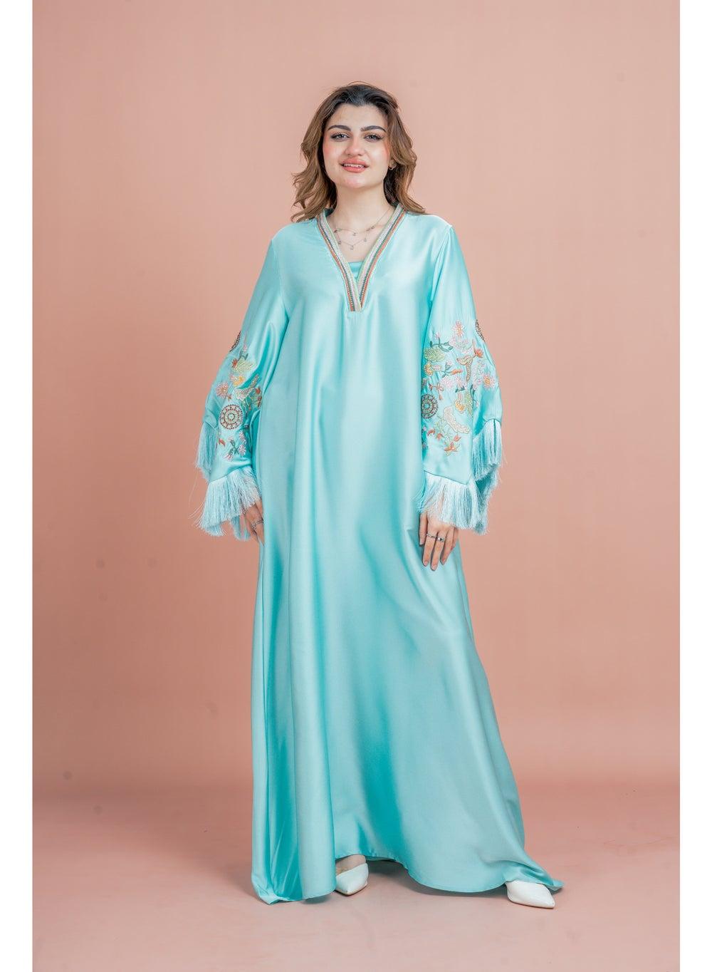 Embroidered Shimmer Sleeve Jalabiya V-Neck Festive - Image 1