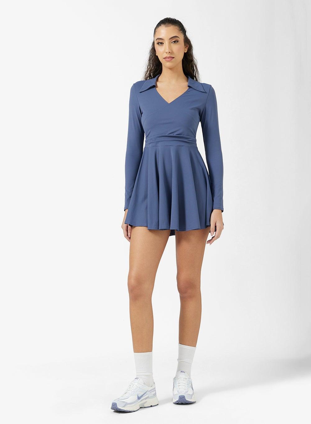 Dusty Blue Polo Neck Fit & Flare Mini Dress Ltq4086 - Image 1