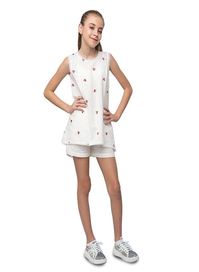 Cherry Embroidered Cotton Top & Shorts Set for Girls - Image 1