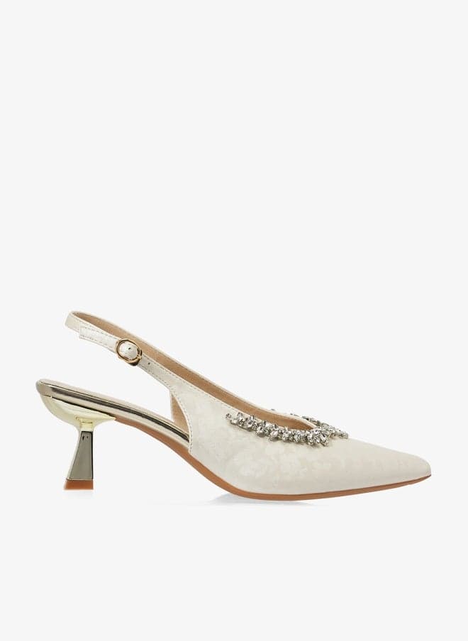 Silver Embellished Slingback Mid Heel Pumps Xz256018 - Image 1