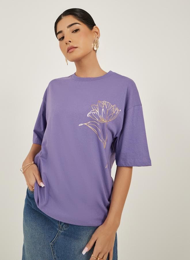 Purple Floral Graphic Oversized Crew Neck T-Shirt - Image 1