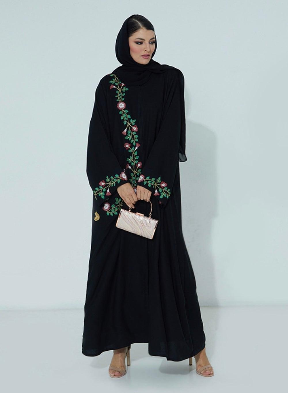QF Abaya Black Floral Embroidered Midi Abaya - Image 1