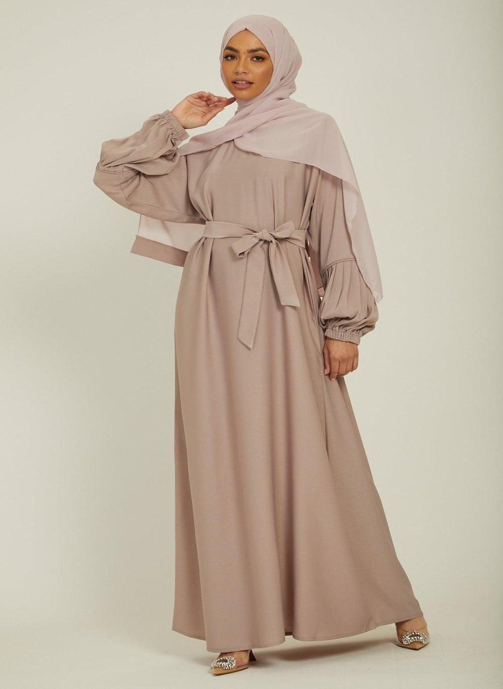 Elegant Brown Belted Abaya with Hijab AB76 - Image 1