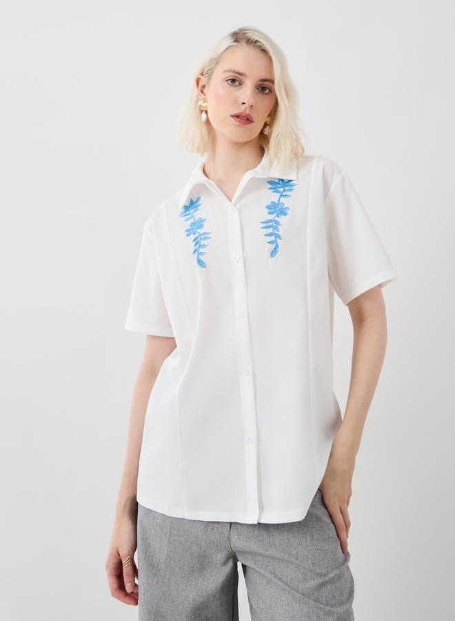 White Embroidered Oversized Polo Collar Shirt - Image 1