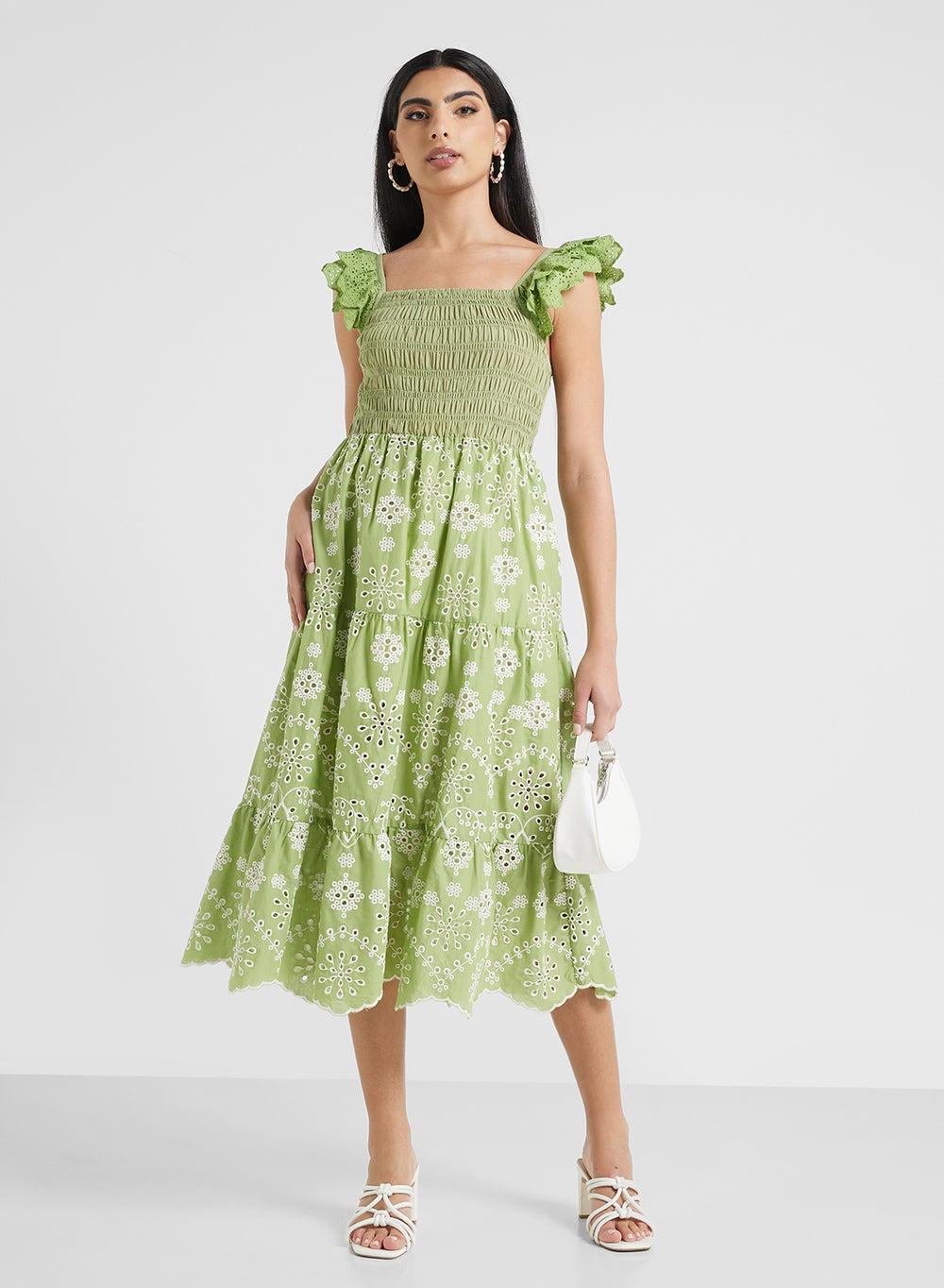 Carino Light Green Eyelet Ruffle Midi Dress - Image 1