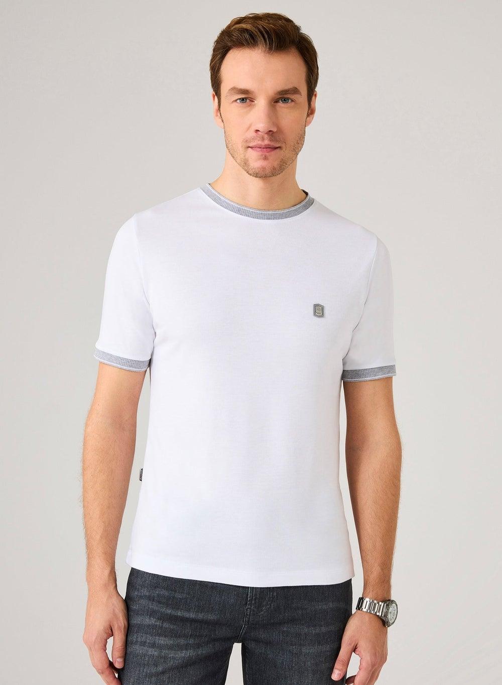 White Lyocell T-Shirt with Grey Rib Accents - Image 1