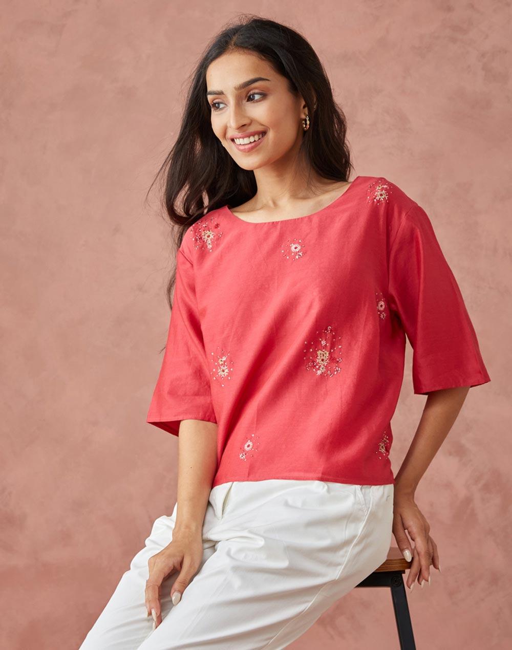 Red Cotton Silk Woven Embroidered Short Top - Image 1