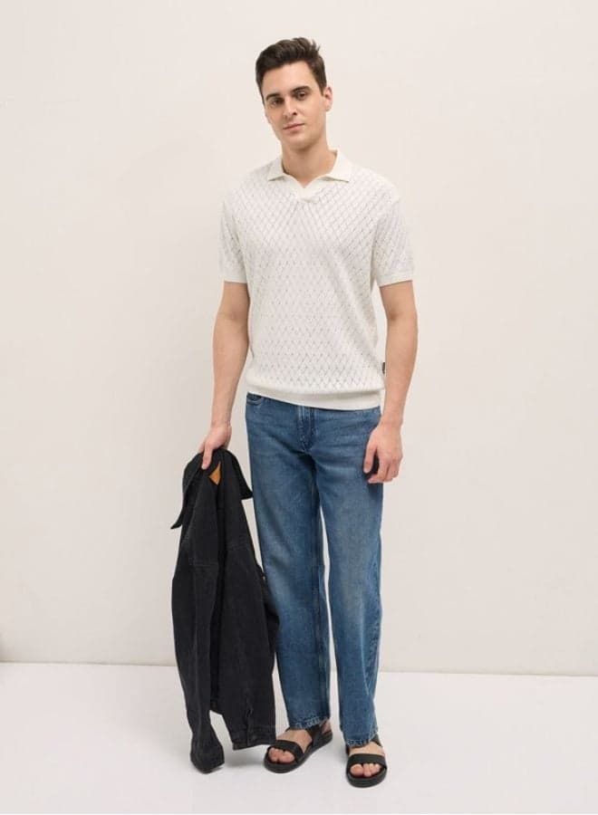 Men’s White Cotton Polo Shirt – Textured Classic Fit - Image 1