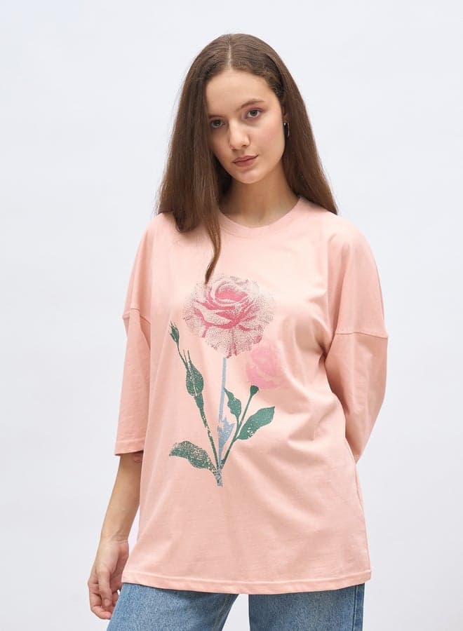 Pink Graphic Oversized Cotton T-Shirt for Women - Image 1