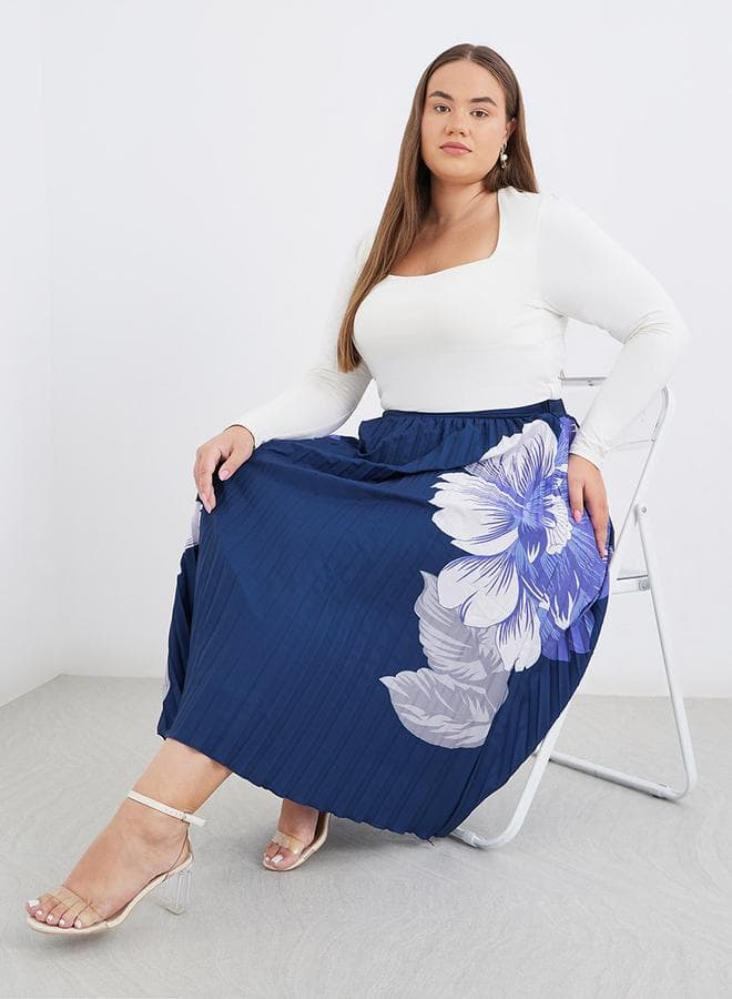 Plus Navy Floral Pleated Midi Skirt - Image 1