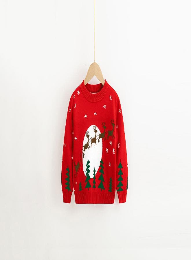 Santa’s Sleigh Night Scene Wool Blend Sweater Red - Image 1