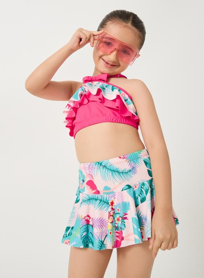Girls Pink Halter Crop Top Skirted Swimsuit Set - Image 1