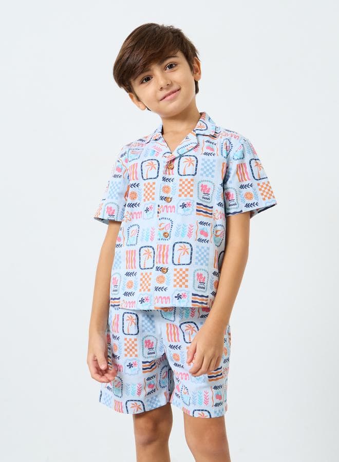 Styli Boys Blue Printed Cotton Shirt & Shorts Set - Image 1