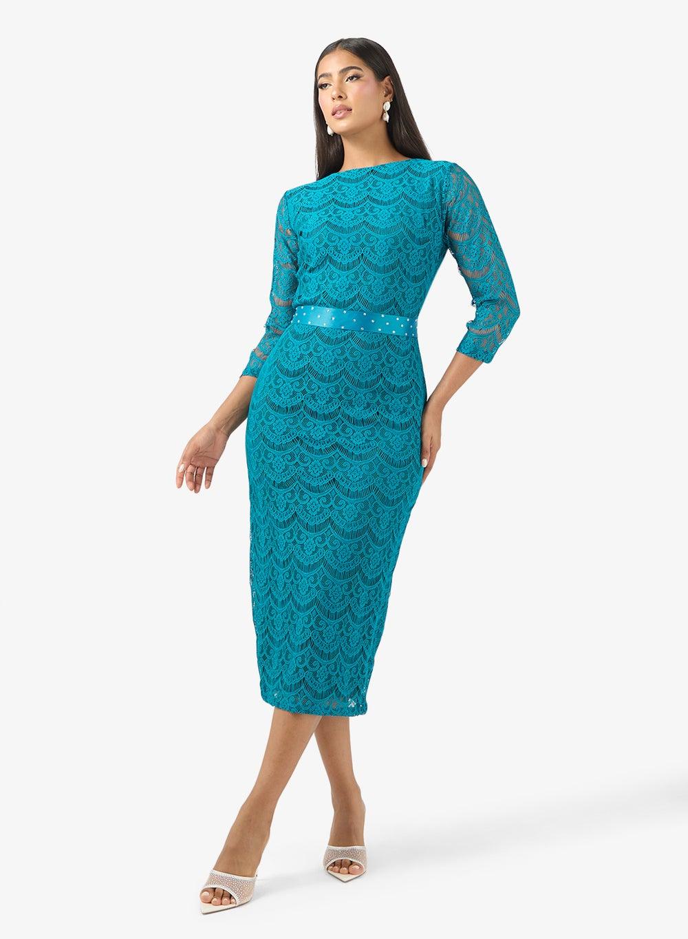 Turquoise Lace Sheath Dress – Elegant Party Wear - Image 1