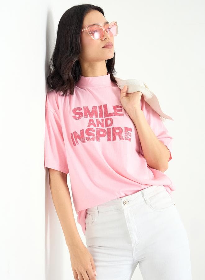 Pink Slogan Relaxed Fit Cotton T-Shirt - Image 1