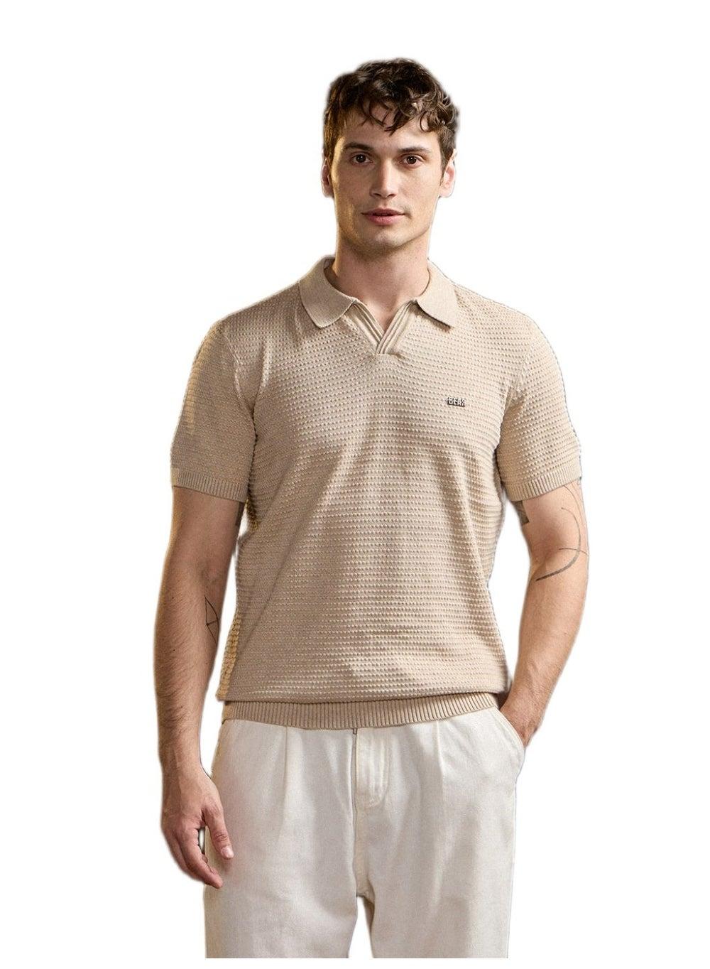 Men’s Beige Cotton Polo Shirt Classic Fit Comfort - Image 1