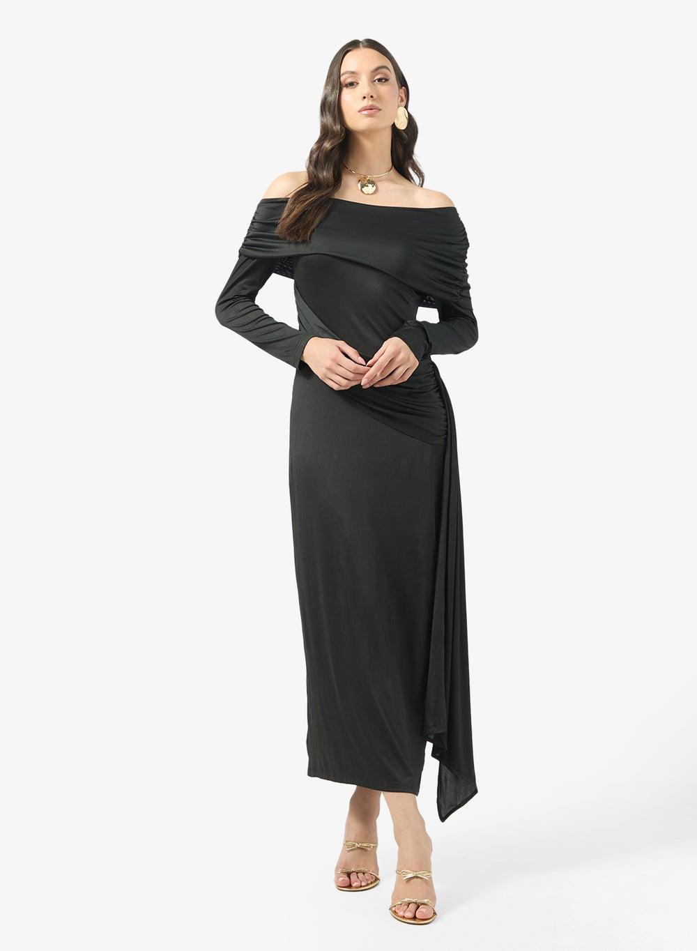 Black One-Shoulder Cape Sleeve Bodycon Maxi Dress Y250612131 - Image 1