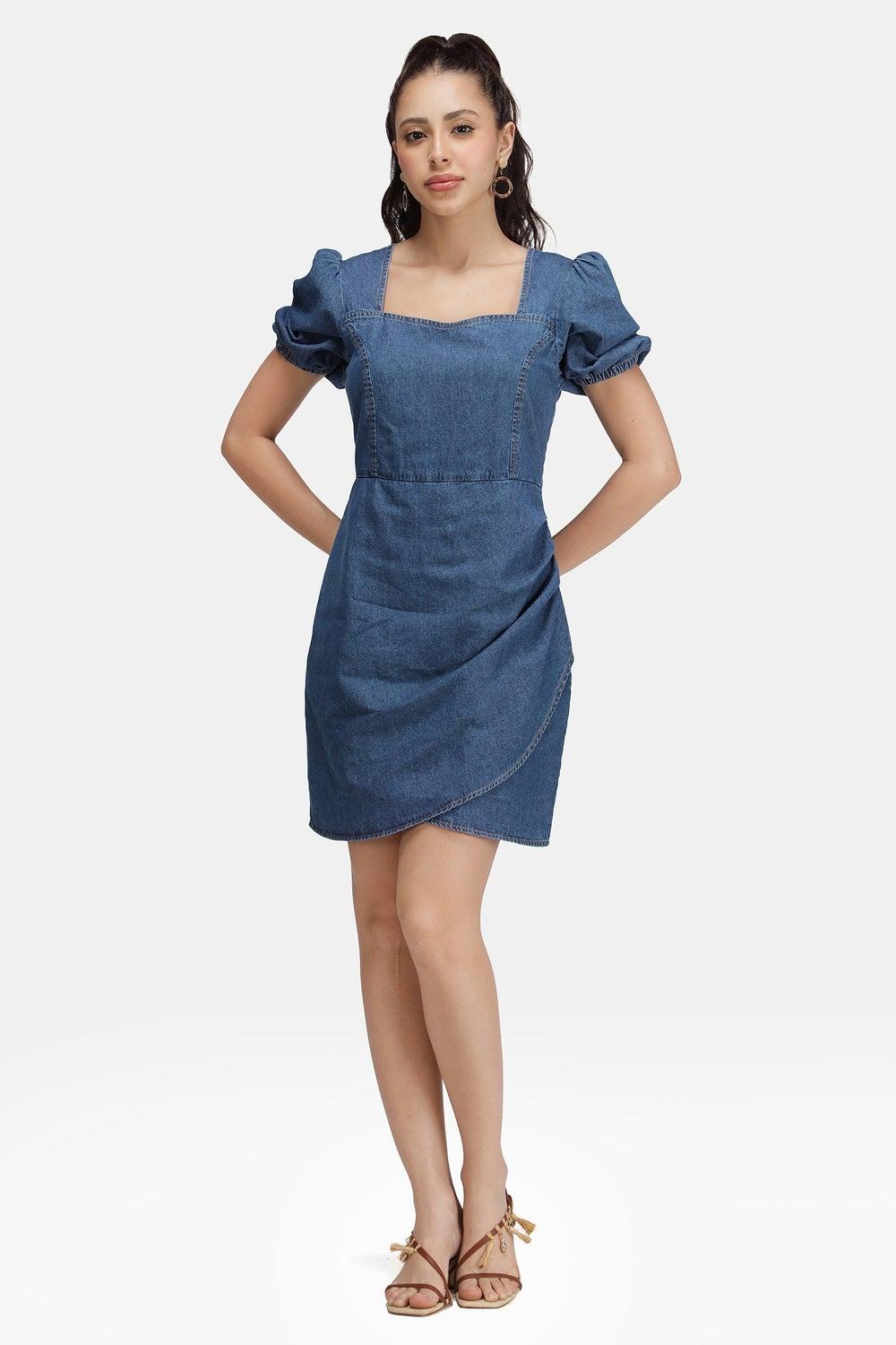 Denim Blue Cotton Pleated Mini Dress with Puff Sleeves - Image 1