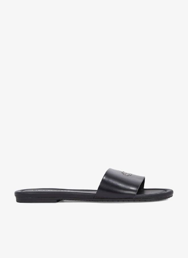 Triple Black Faux Leather Flat Sandal Slides - Image 1