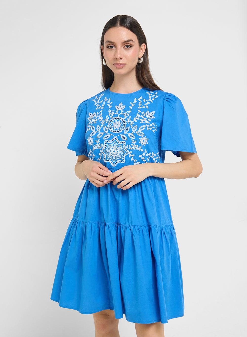 Yassira Floral Cotton Mini Dress in Royal Blue - Image 1