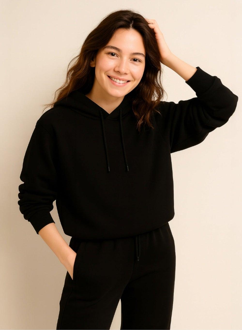 Women’s Black Cotton Fleece Hooded Sweatshirt - Image 1
