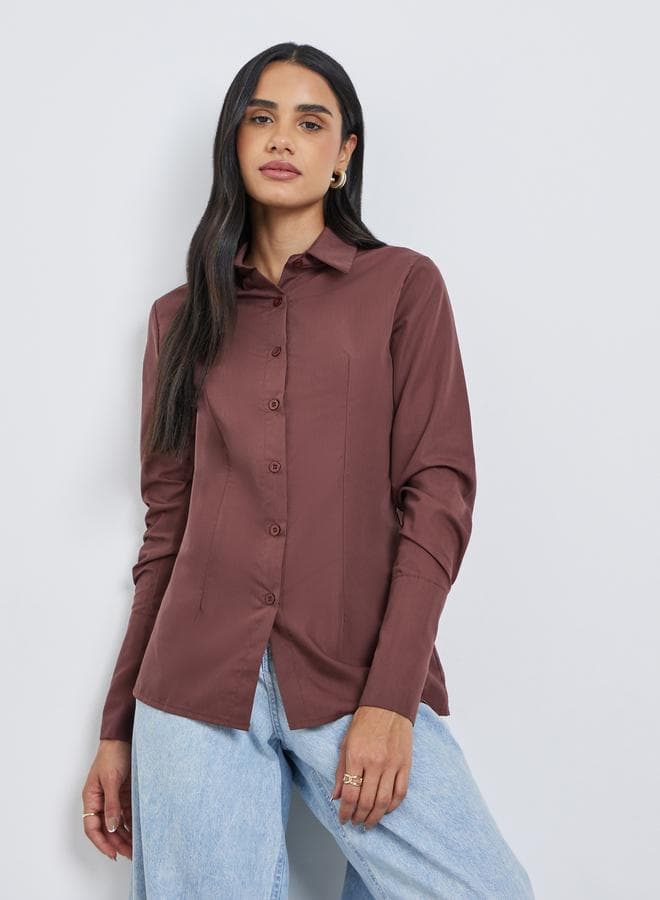 Styli Solid Buttoned Spread Collar Skinny Shirt - Image 1