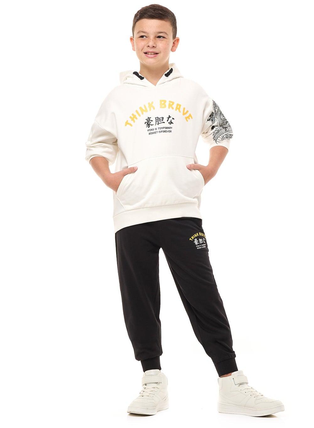 Boys Ivory Black Graphic Hoodie Jogger Set - Image 1