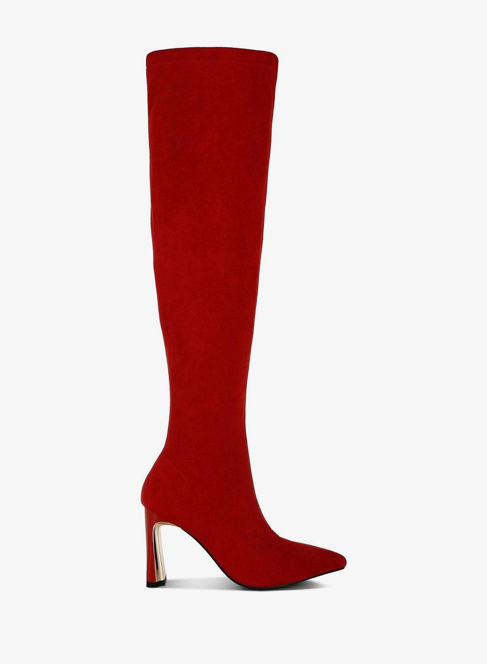 Sh5242 Red Slim Block Heel Knee Boots - Image 1