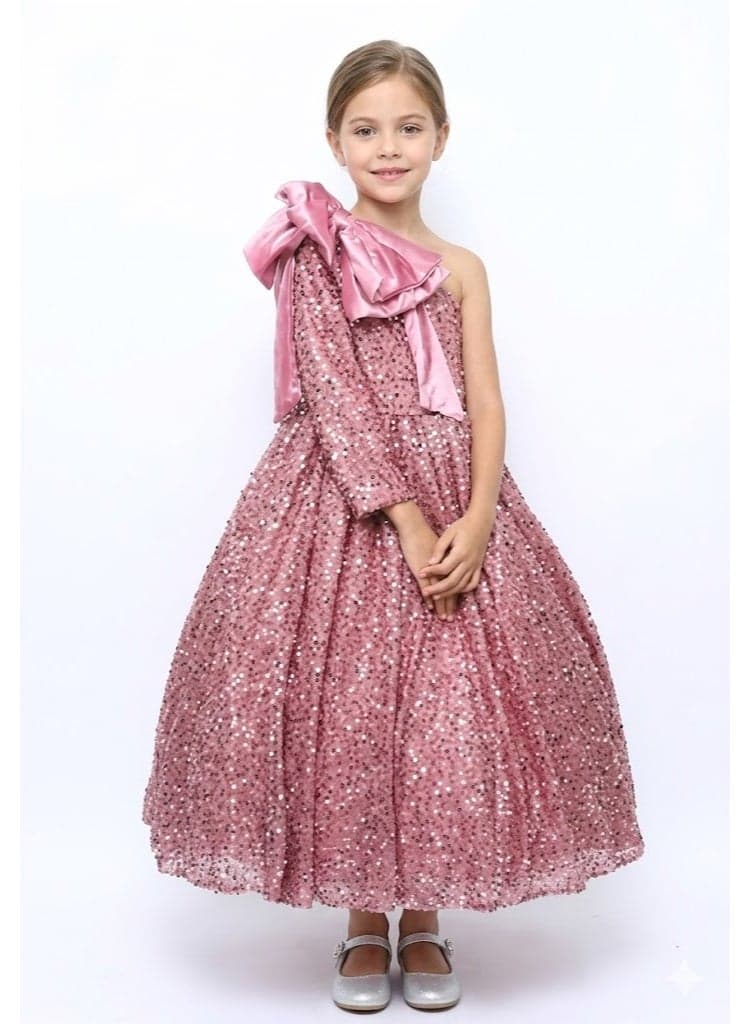 Rose Gold Sequin Bow One-Shoulder Maxi Dress - Image 1