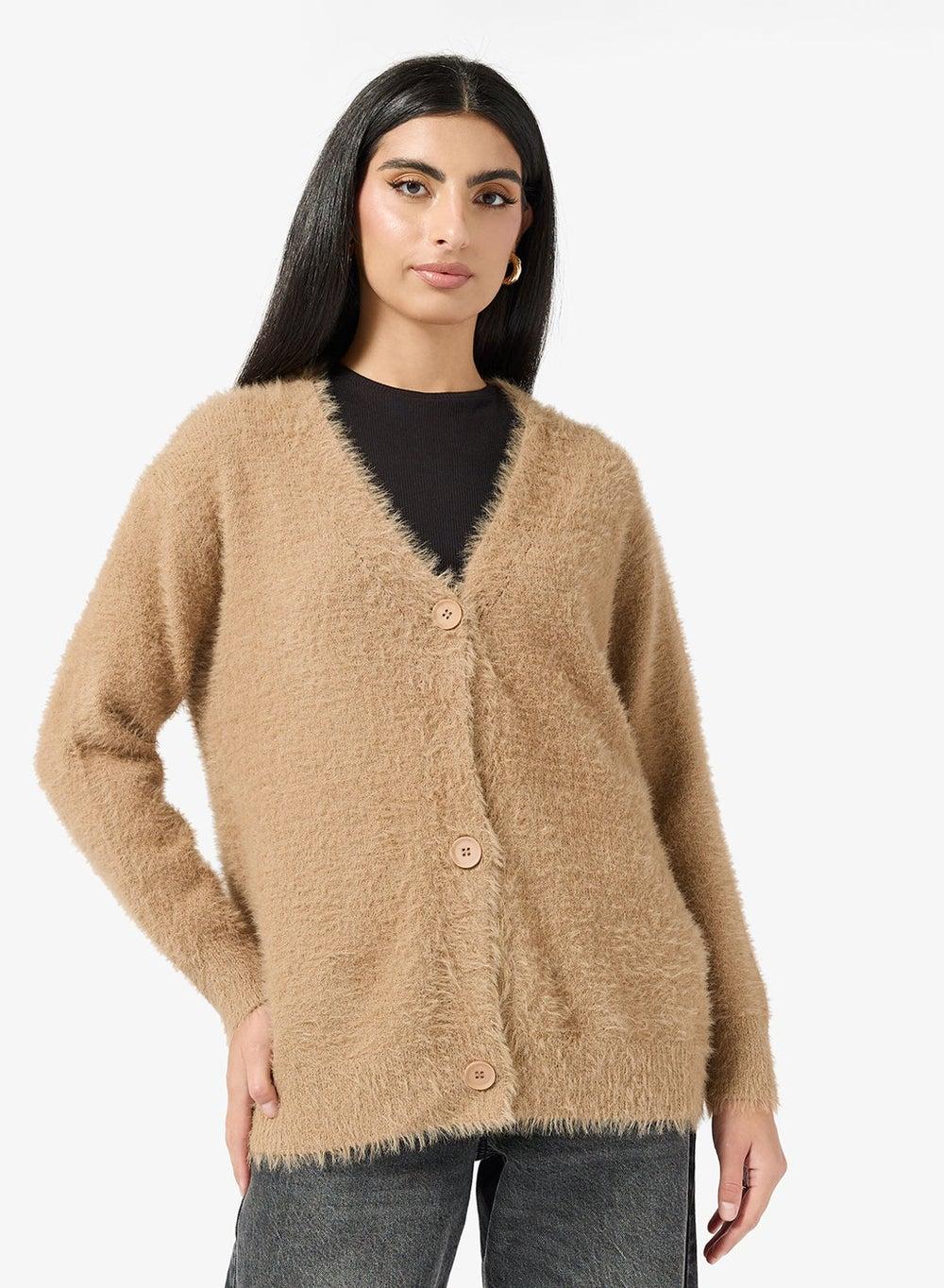 Cosy Beige Button Down V-Neck Cardigan Clt256023 - Image 1