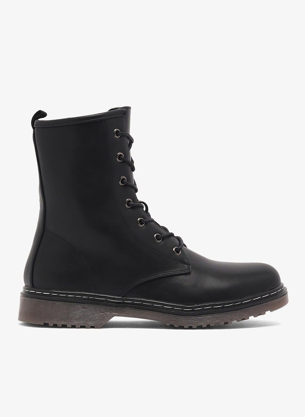 Buk2 Black PU Lace-Up Flat Ankle Boots - Image 1