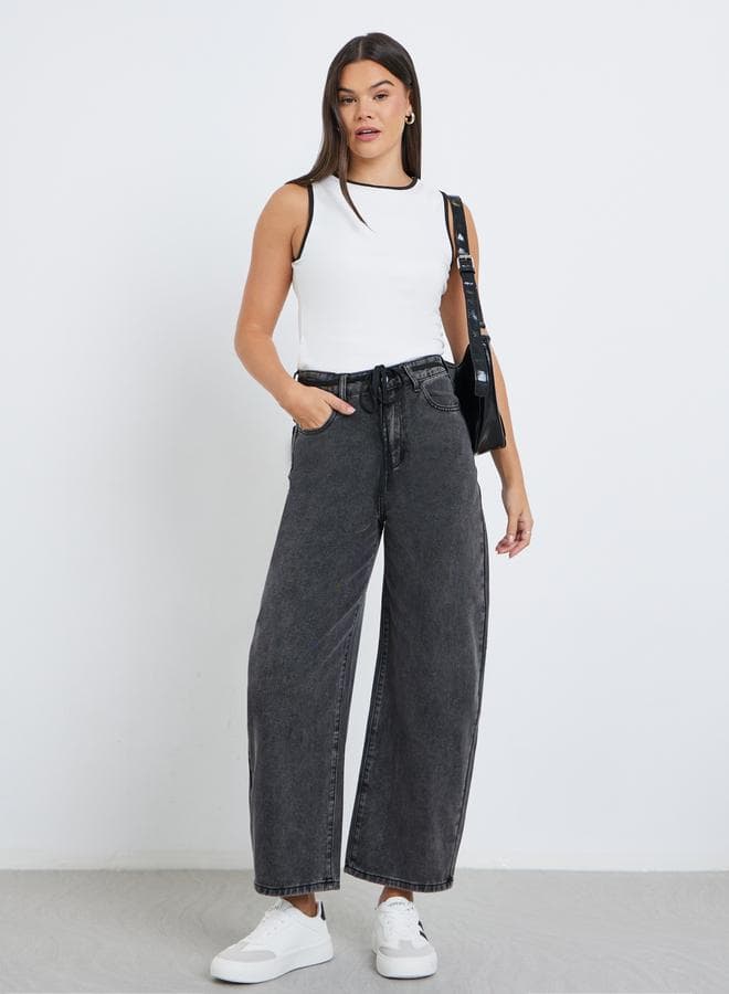 Relaxed Fit Mid Rise Drawstring Charcoal Jeans - Image 1