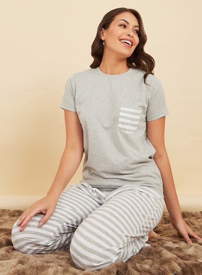 Grey Striped Pocket T-Shirt Pyjama Set 7004464714 - Image 1