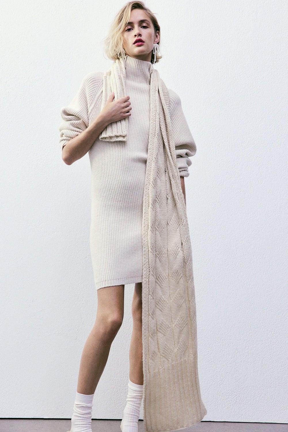 Cream Rib-Knit Turtleneck Mini Dress - Image 1