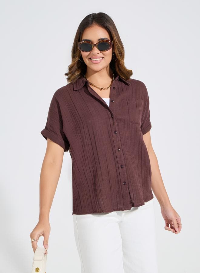 Cotton Gauze Textured Shirt 7005357105 Brown - Image 1