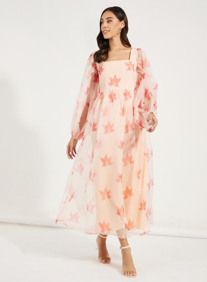 Peach Floral Organza Maxi Dress 7008365847 - Image 1