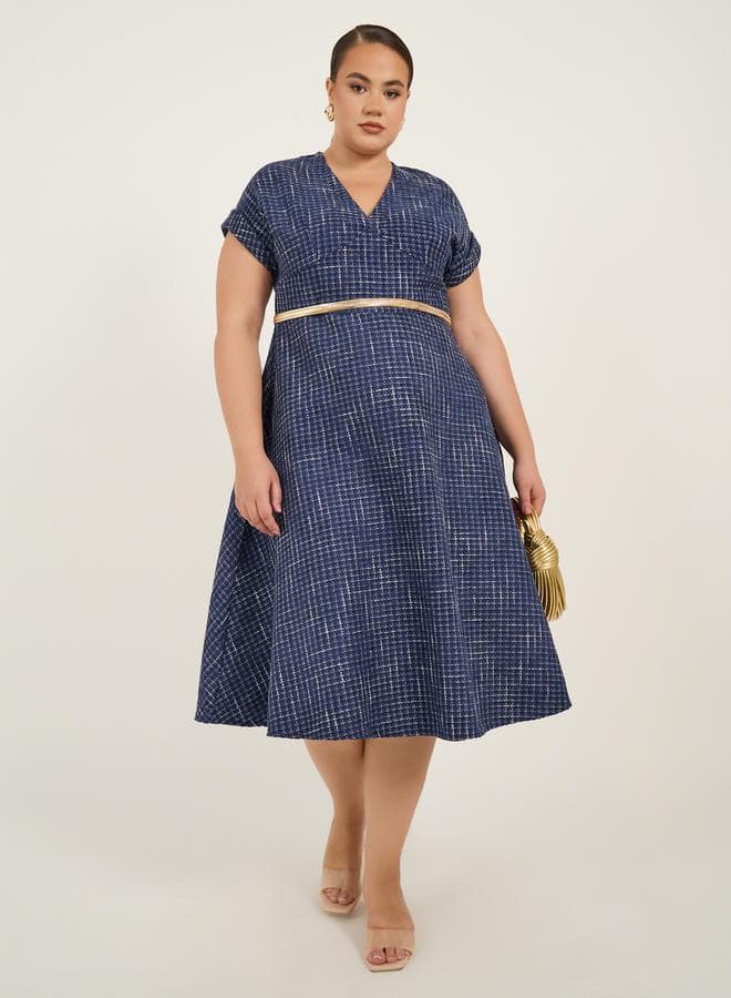Navy Tweed V-Neck Midi Dress 7012021903 - Image 1