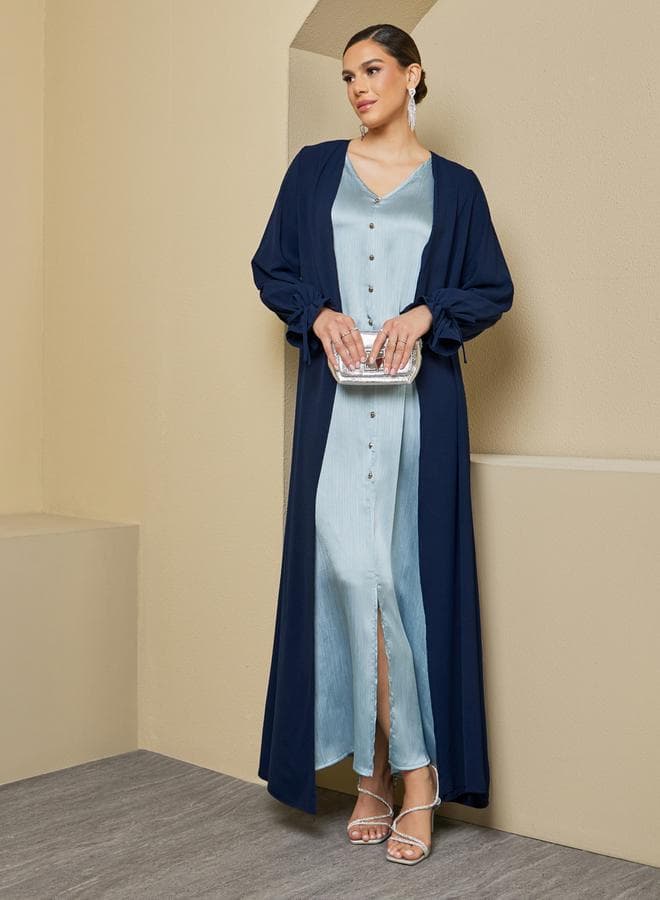 Navy Blue Crepe Abaya 7011091722 with Tie Sleeves - Image 1