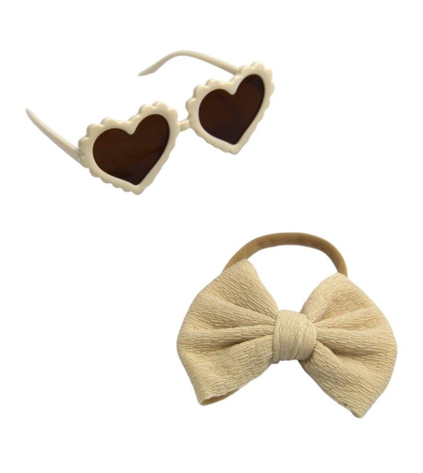 Aisha Heart Glasses & Bow Ponytail Set – Cream - Image 1