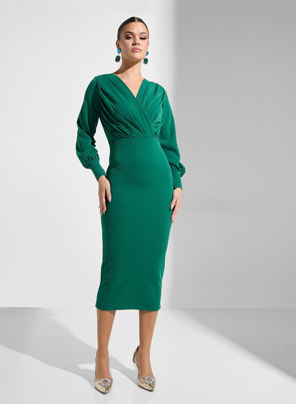 Emerald Shimmer Ruched Midi Dress Ee004 - Image 1