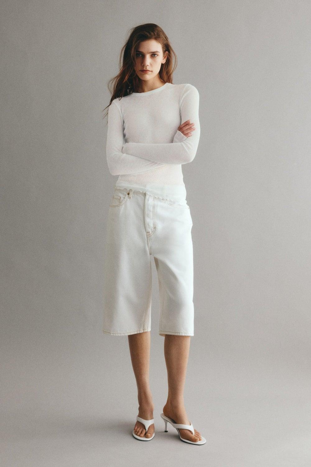 High-Waist Knee-Length Denim Shorts in White Light - Image 1