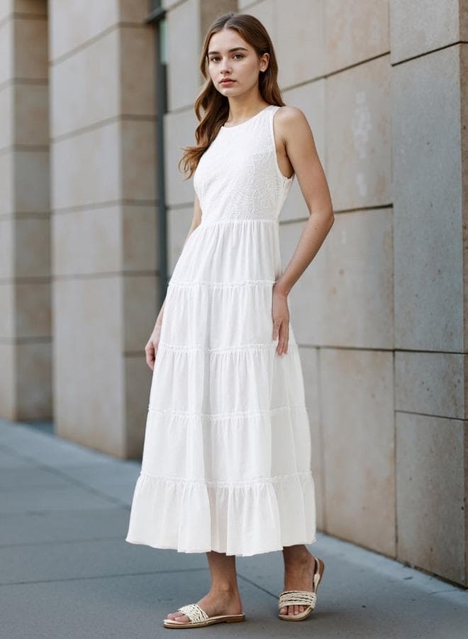 Lee Cooper White Tiered Cotton Maxi Dress Embroidered - Image 1