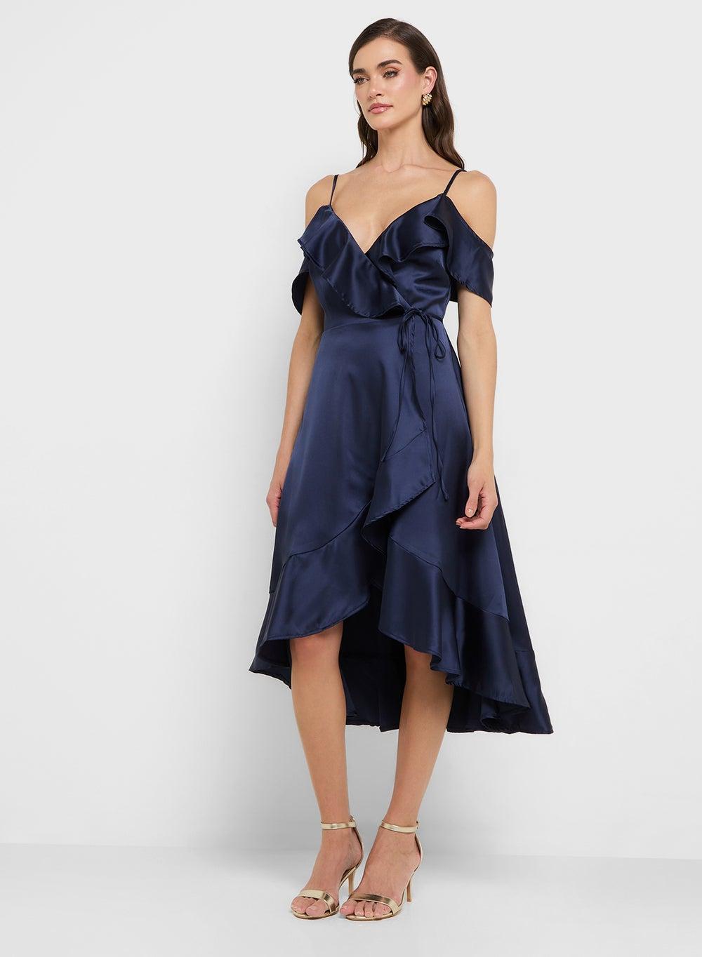 Harridrsnav Satin Ruffle Midi Wrap Dress - Image 1