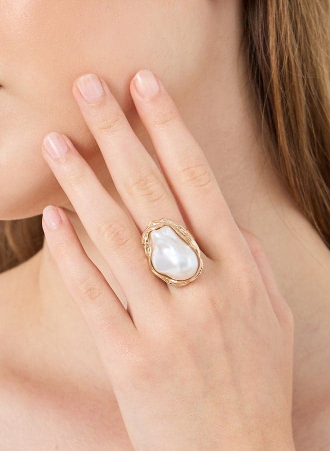 Styli Faux Pearl Textured Gold Party Ring - Image 1