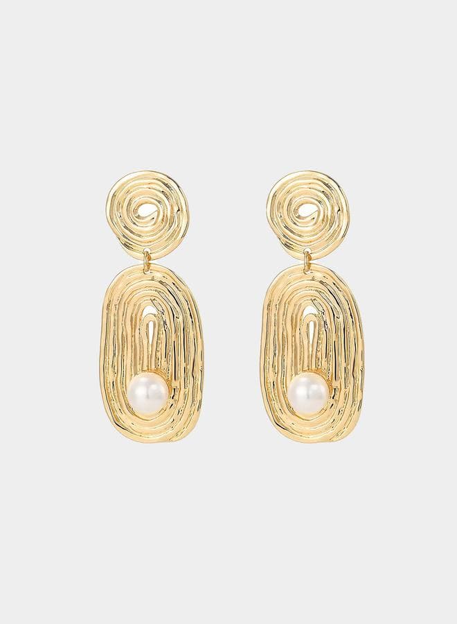 Textured Faux Pearl Detail Gold Drop Earrings - Image 1